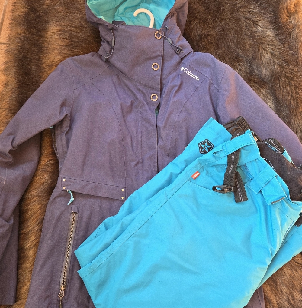 Columbia Navy Jacket and Aqua Pants